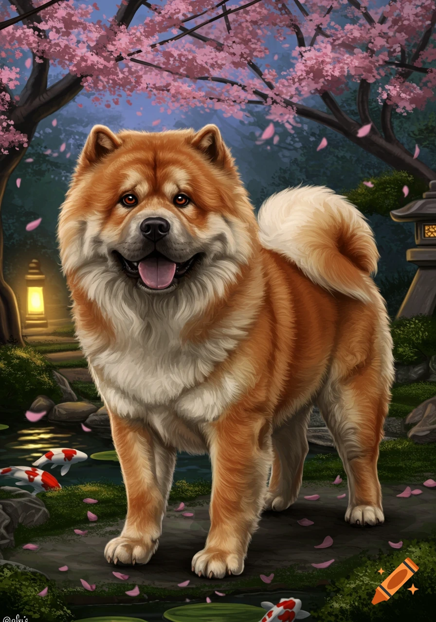 A fluffy orange and white dog, a blend of Akita and Chow Chow, stands in a serene Japanese garden with pink cherry blossoms and koi fish.