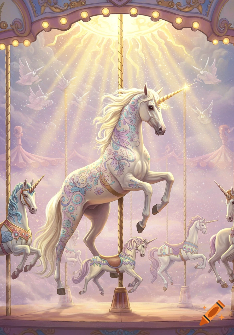 A whimsical fantasy illustration of a carousel featuring ornate unicorns under a radiant sun with flying unicorn-birds.