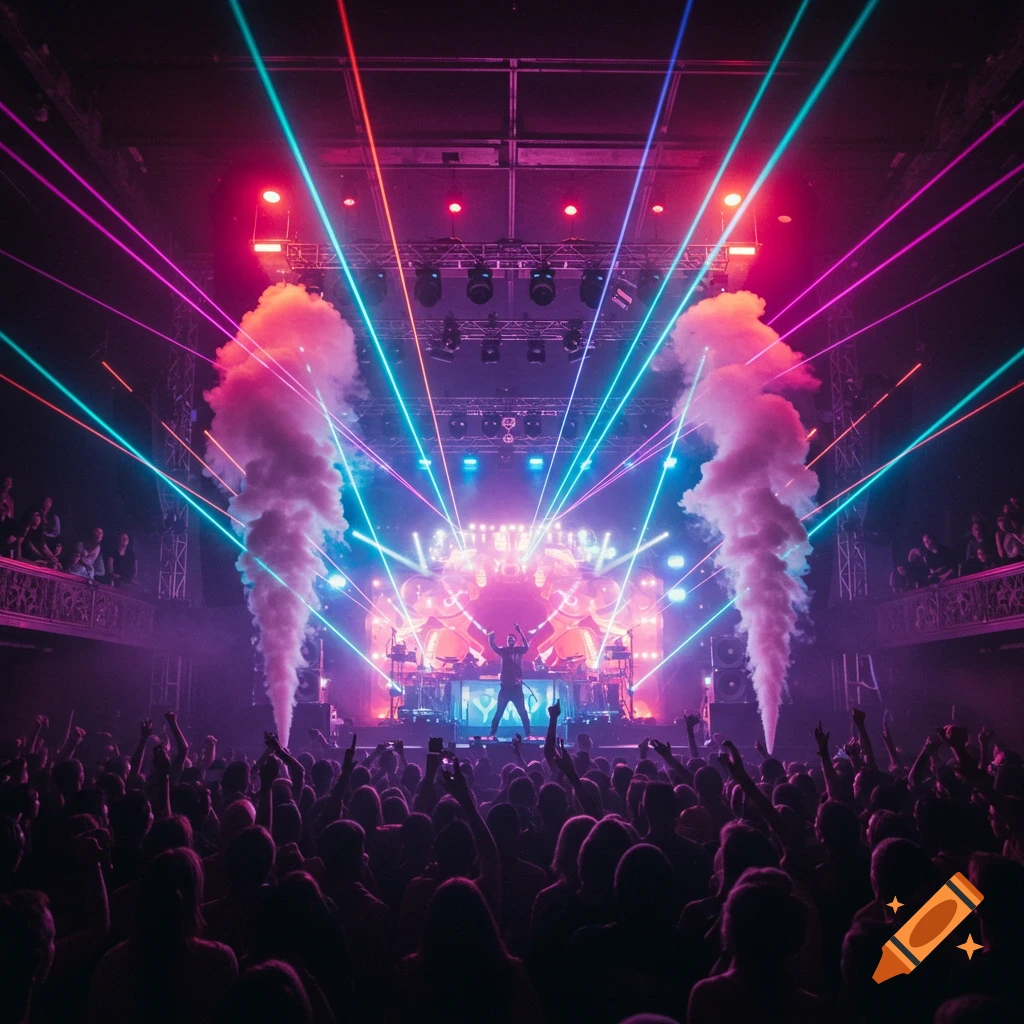 Photorealistic image of a vibrant concert with a DJ on stage, bright laser beams, smoke, and a large cheering crowd.