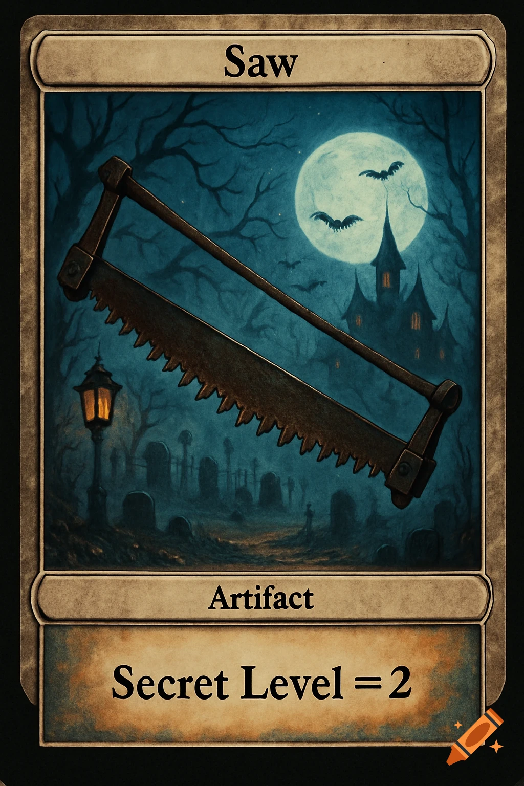 A Halloween-themed fantasy trading card featuring a bow saw over a graveyard with a full moon, bats, and a haunted house. Text reads 'Saw' and 'Secret Level = 2'.