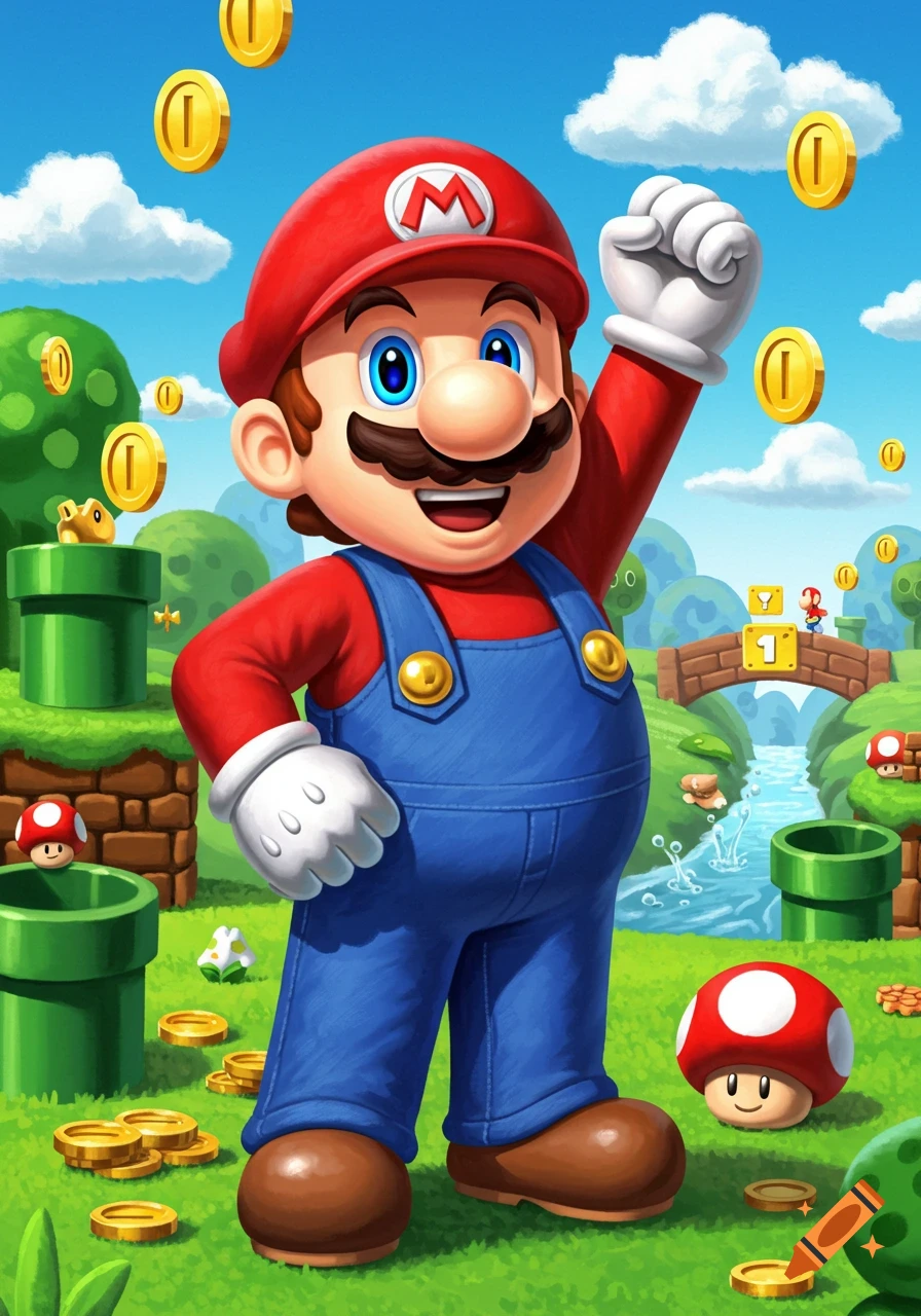 Mario celebrating in a vibrant cartoon landscape with coins, green pipes, and mushrooms.