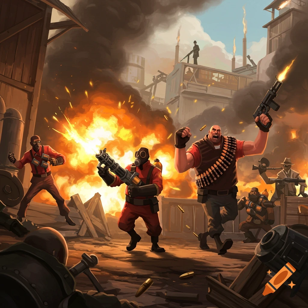Stylized battle scene with Team Fortress 2 characters in an industrial setting, featuring explosions and gunfire.
