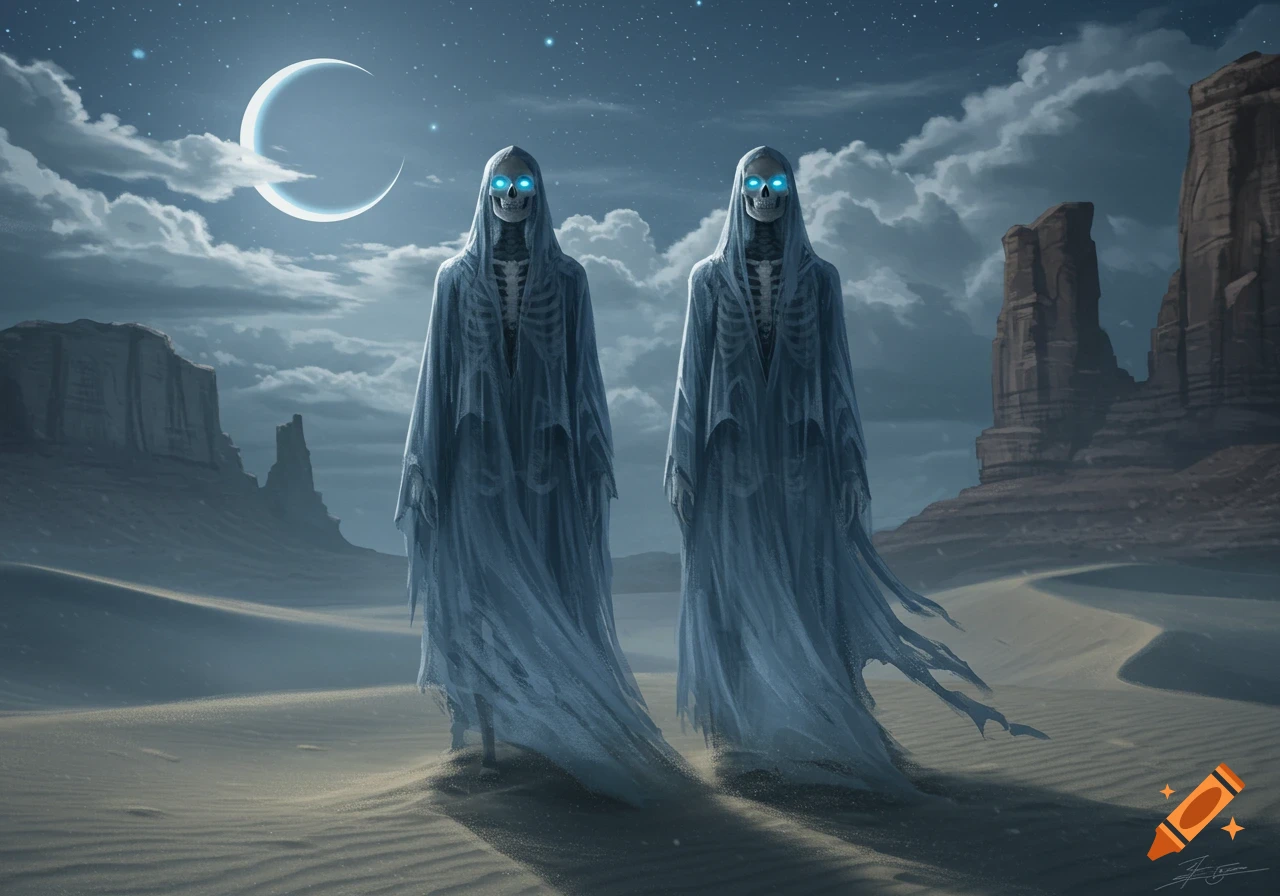 Two hooded skeletal figures with glowing blue eyes stand in a moonlit desert landscape with mesas and a crescent moon.