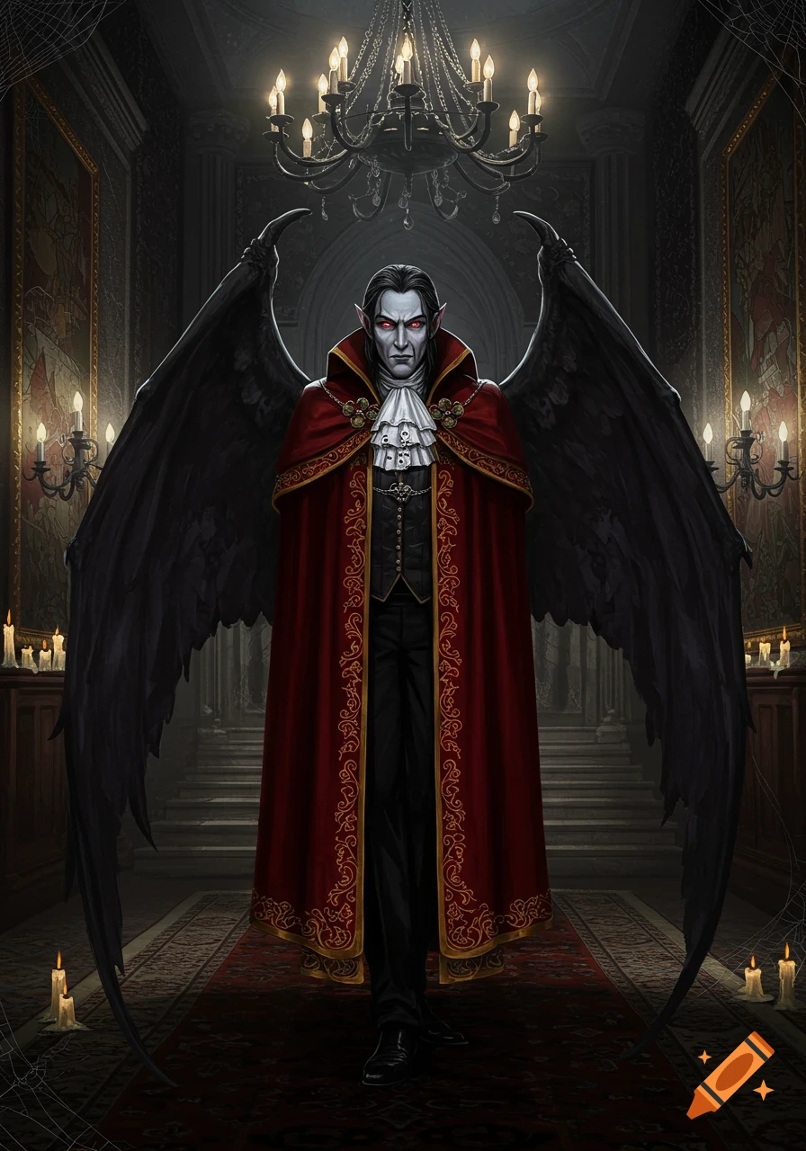 A formidable male vampire with red eyes and large black wings stands in a dimly lit gothic hall, wearing a red cape and suit.