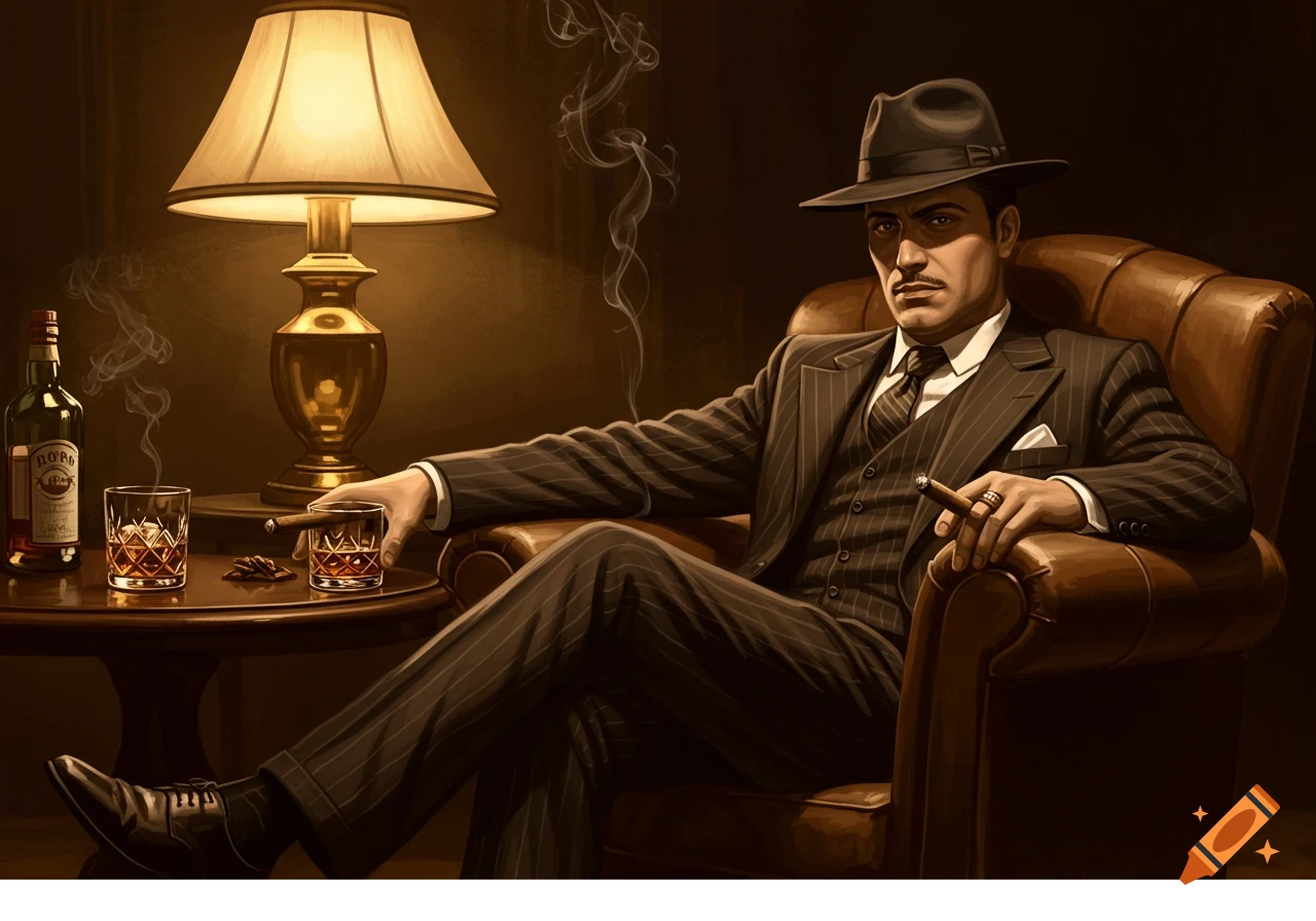 An illustrated man in a pinstripe suit and fedora sits, holding a cigar and whiskey, with a bottle on a table. Vintage style.
