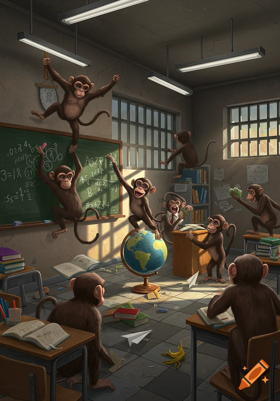 A chaotic cartoon classroom filled with mischievous monkeys climbing on desks, blackboards, and a globe, with barred windows.