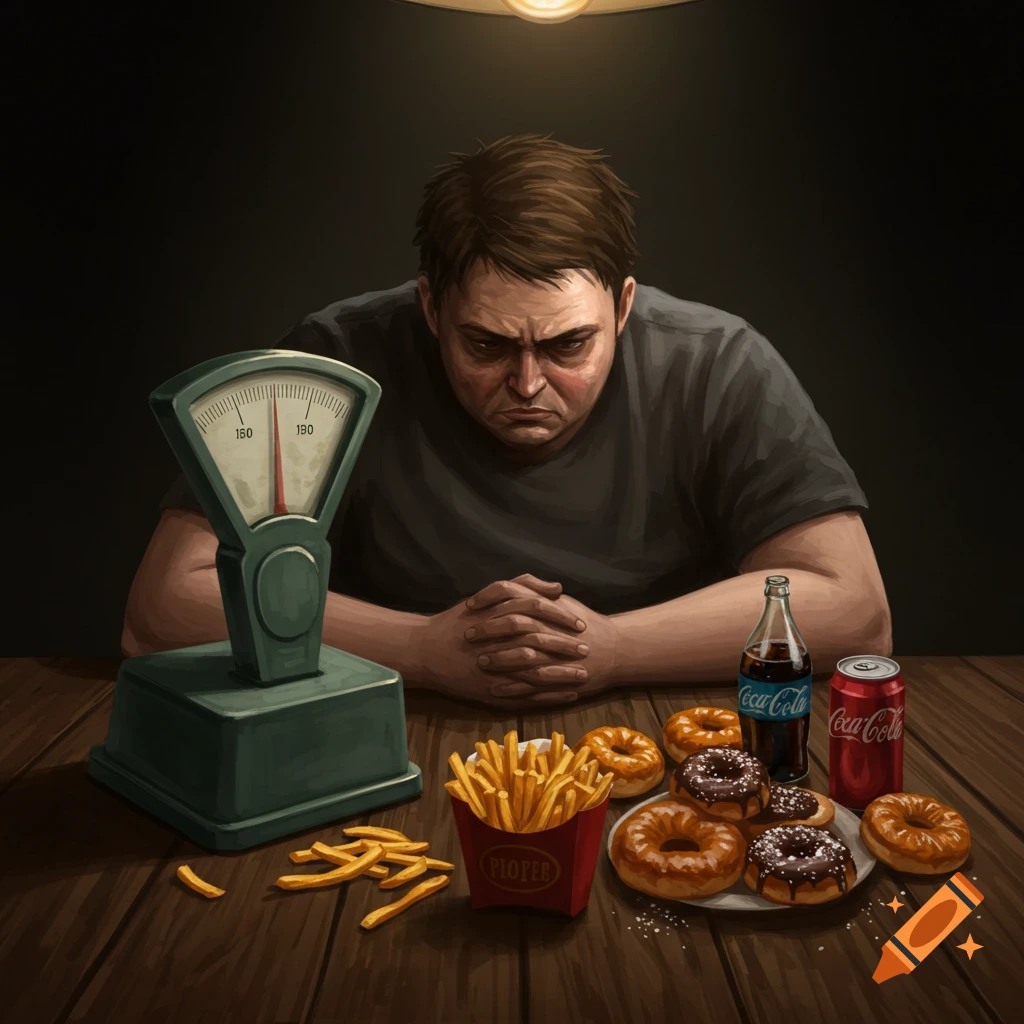 Frustrated man sits at a table with a weight scale and a plate of donuts, fries, and cola in a dark, illustrative style.