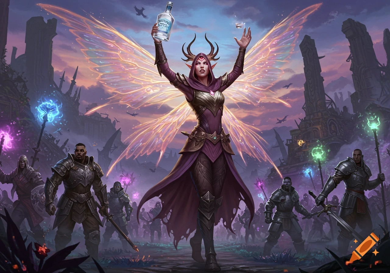 A fairy with large, glowing wings and horns holds a vodka bottle, commanding armored warriors in a mystical, ruined landscape.