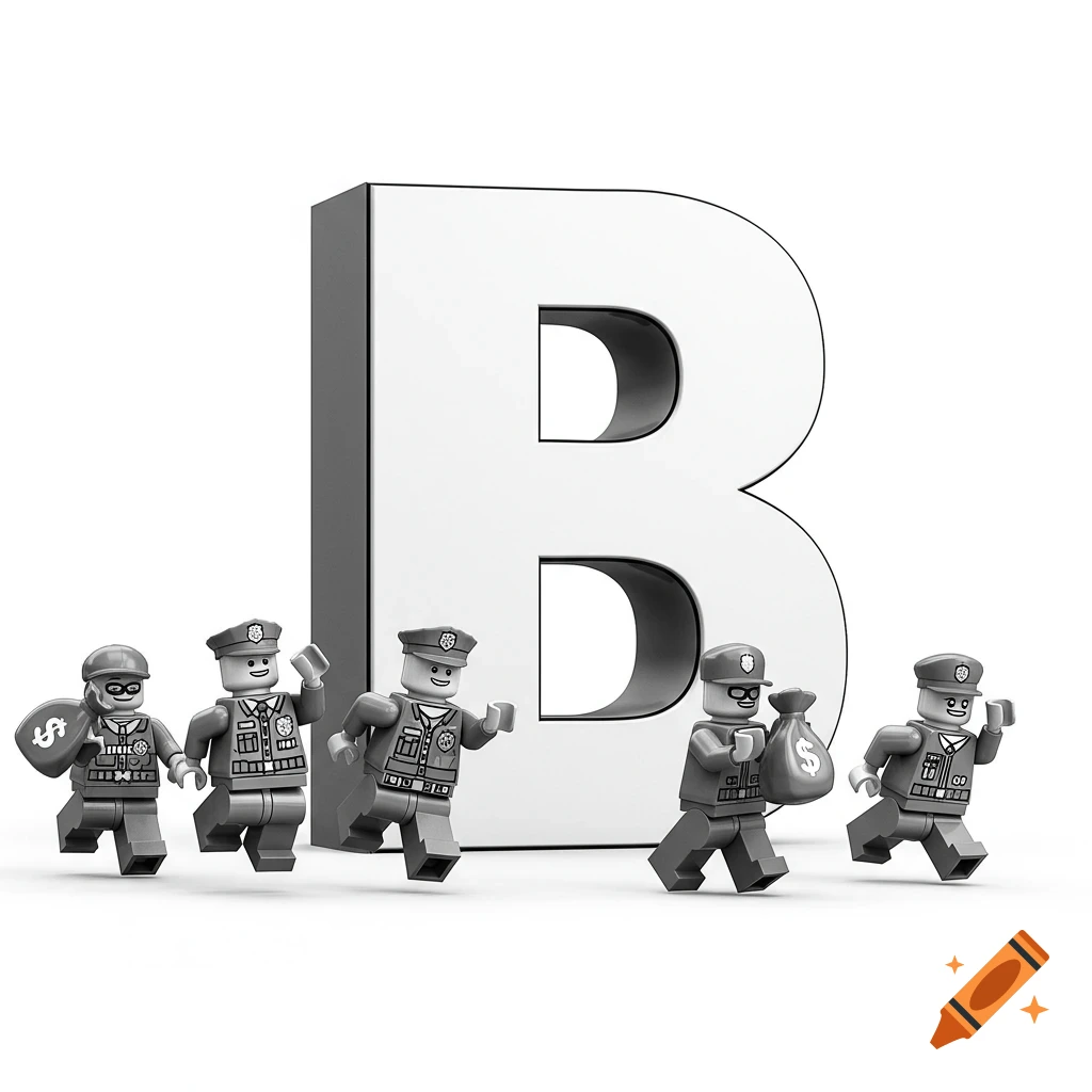 Five grey Lego minifigures, two robbers with money bags and three police, run around a large 3D letter 'B' on a white background.