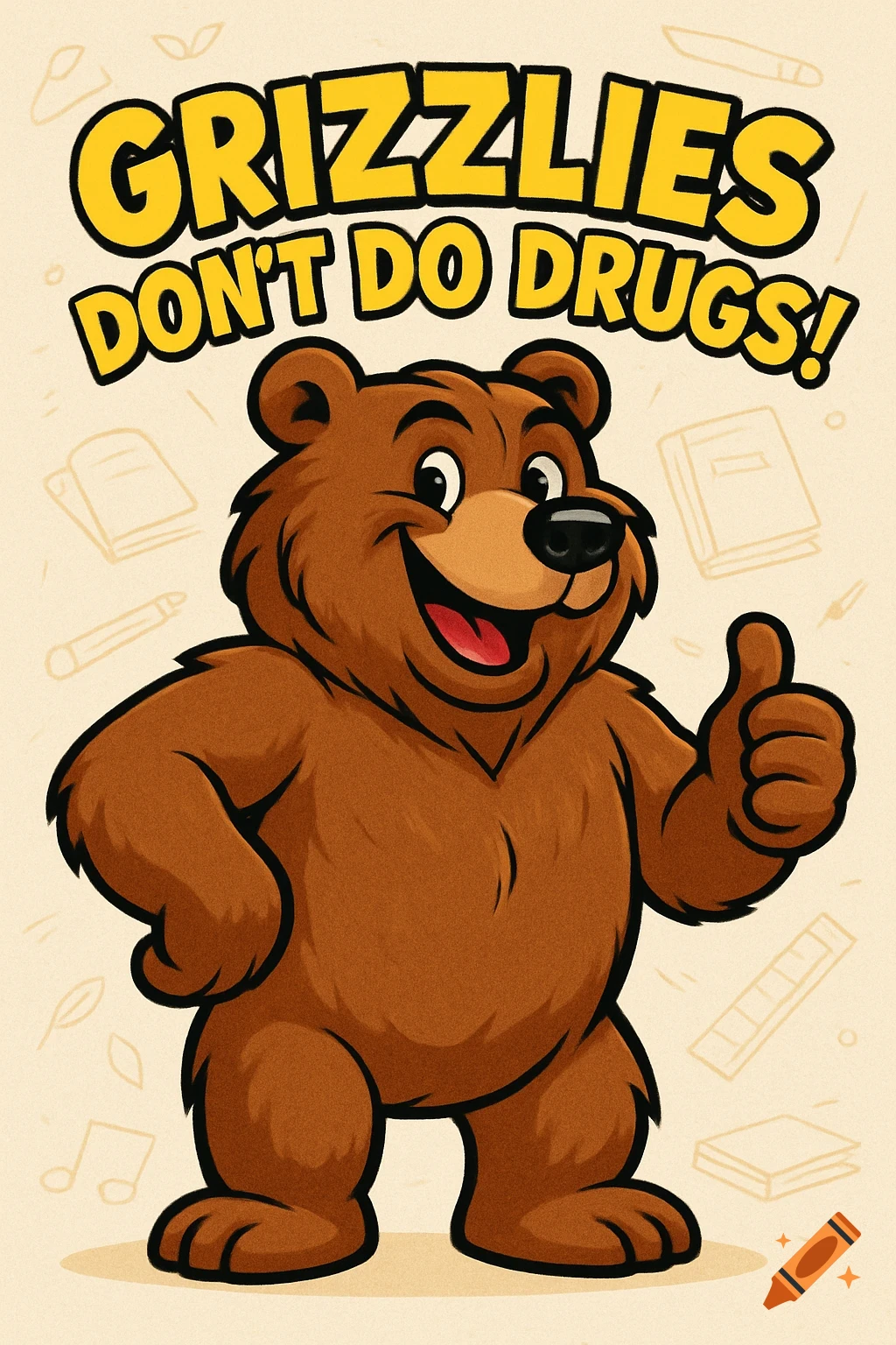 A friendly cartoon brown bear mascot giving a thumbs up, with the text "GRIZZLIES DON'T DO DRUGS!" in bold yellow letters above it.