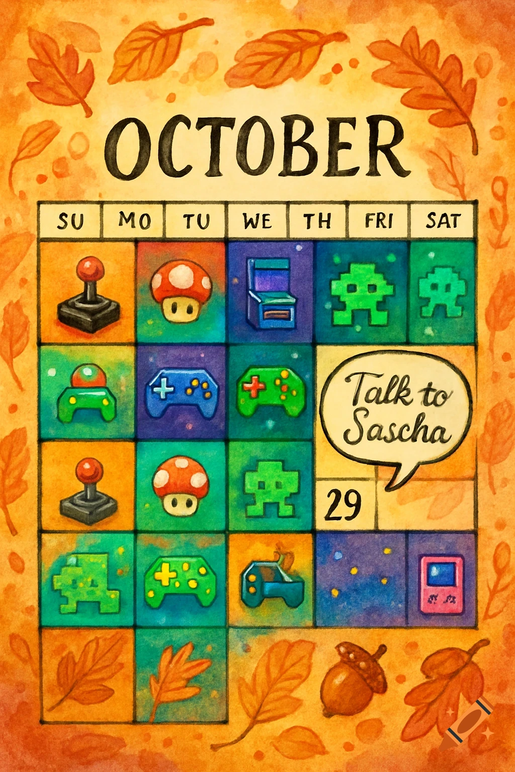 Watercolor-style October calendar page with gaming icons for most days, autumn leaves, and 'Talk to Sascha' on the 29th.