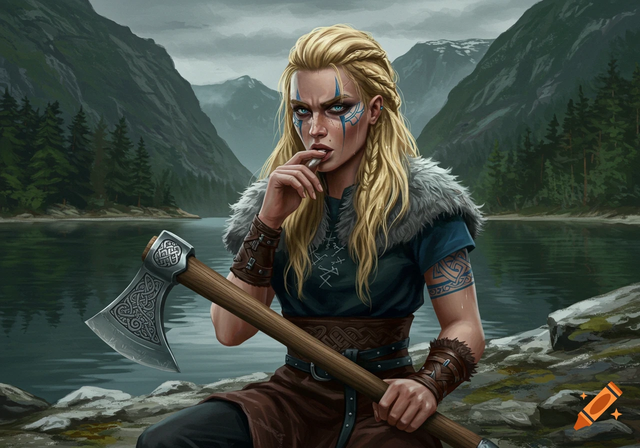 A blonde Viking woman with blue war paint holds an axe by a mountain lake, a cigarette to her lips, in a detailed fantasy art style.