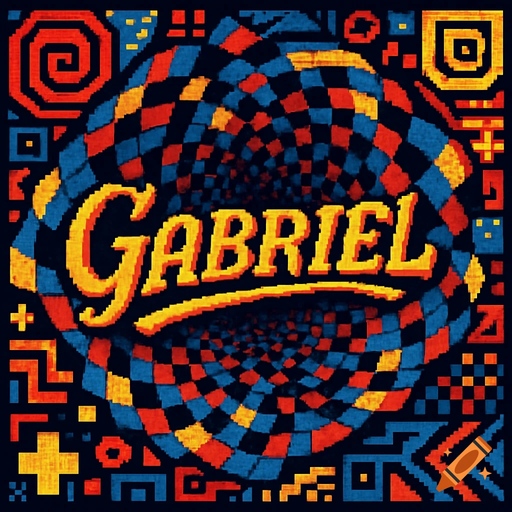 Pixel art optical illusion featuring the name 'Gabriel' in yellow and orange, surrounded by a swirling checkerboard tunnel of blue, red, and yellow, with abstract pixel patterns on a black background.