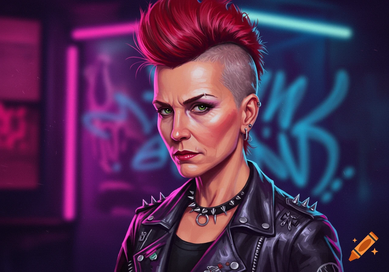A serious punk woman with a red mohawk undercut, green eyes, and a spiked leather jacket against a neon-lit, graffiti background. Digital painting.