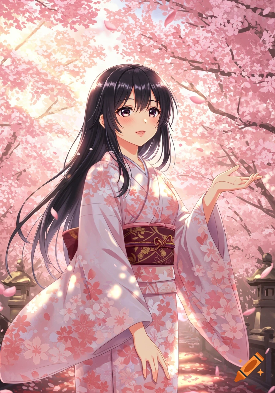 An anime girl with long black hair, wearing a pink kimono with cherry blossom patterns, stands under a canopy of pink cherry blossom trees with falling petals.