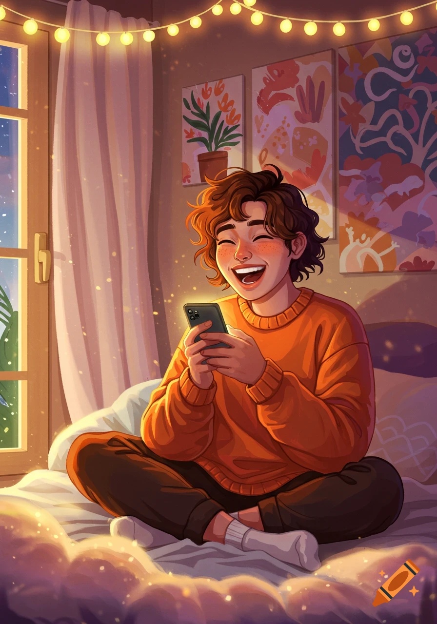 An illustration of a young person with curly hair sitting on a bed, laughing at their smartphone in a cozy room with string lights and abstract art.