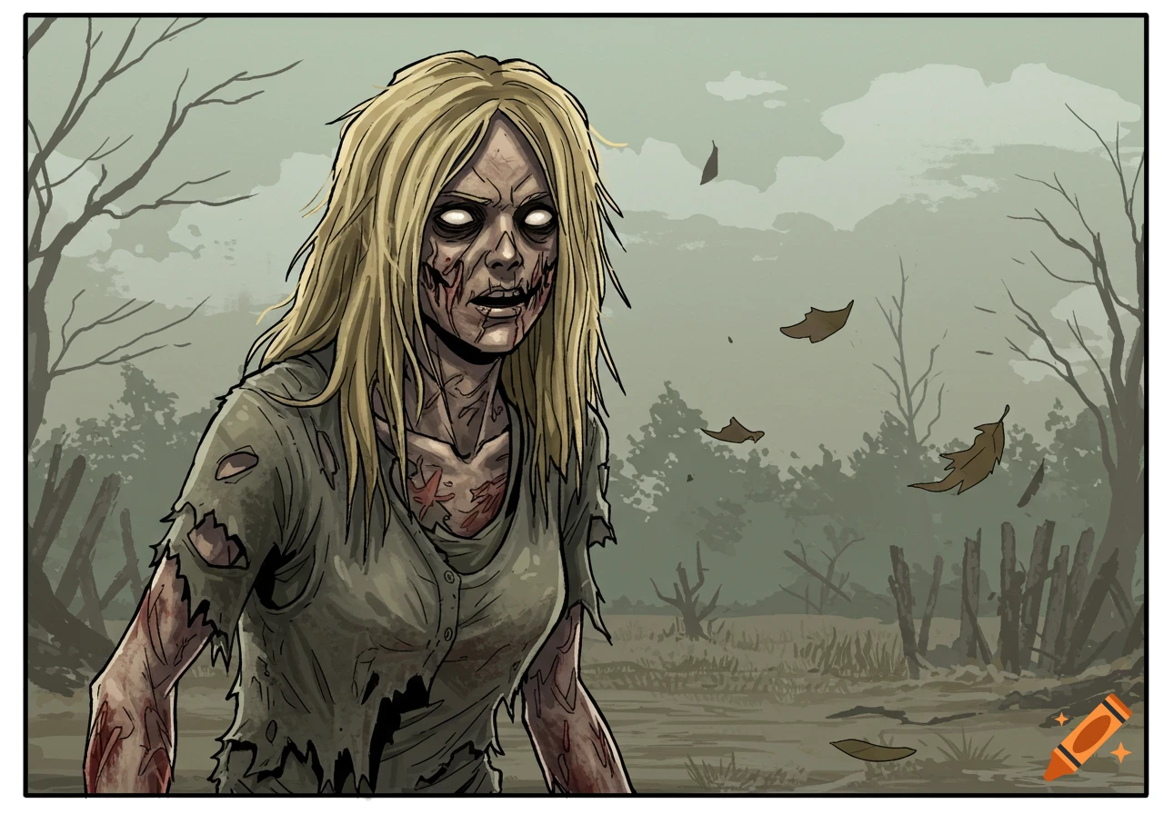 A blonde zombie with torn clothes and bloody skin stands in a desolate, overgrown landscape in a comic art style.