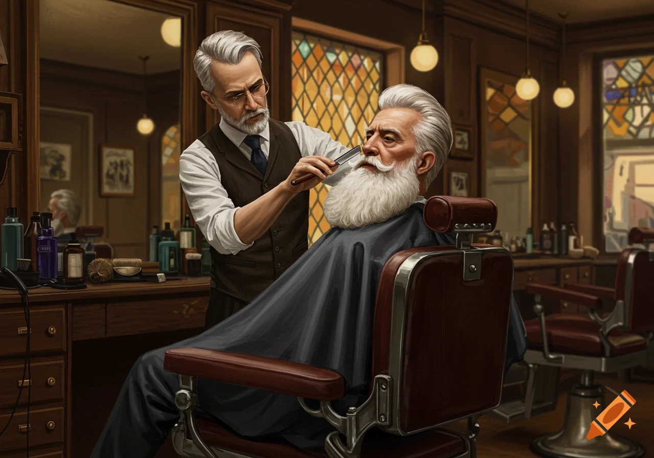 A barber shaves an elderly man with a large white beard in a classic barbershop, detailed illustration.