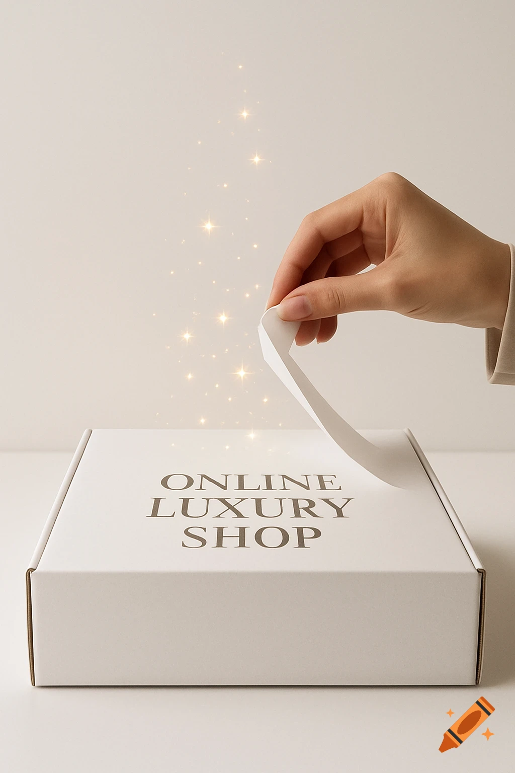A hand opens a white box labeled "ONLINE LUXURY SHOP" with golden sparkles emanating from it.