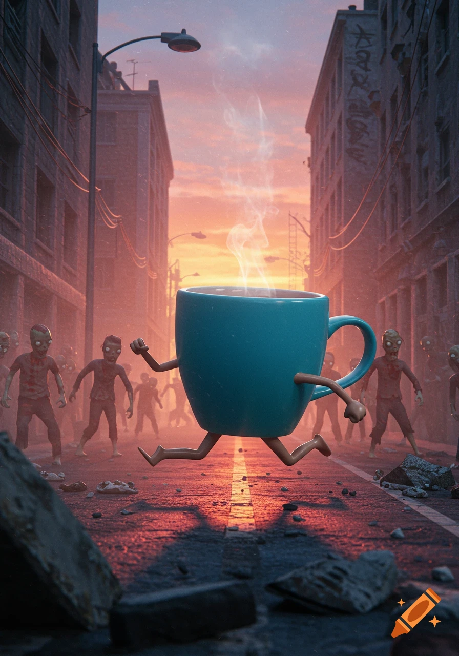 A teal coffee cup with arms and legs runs down an apocalyptic city street, chased by a horde of stylized zombies under a dramatic sunset.