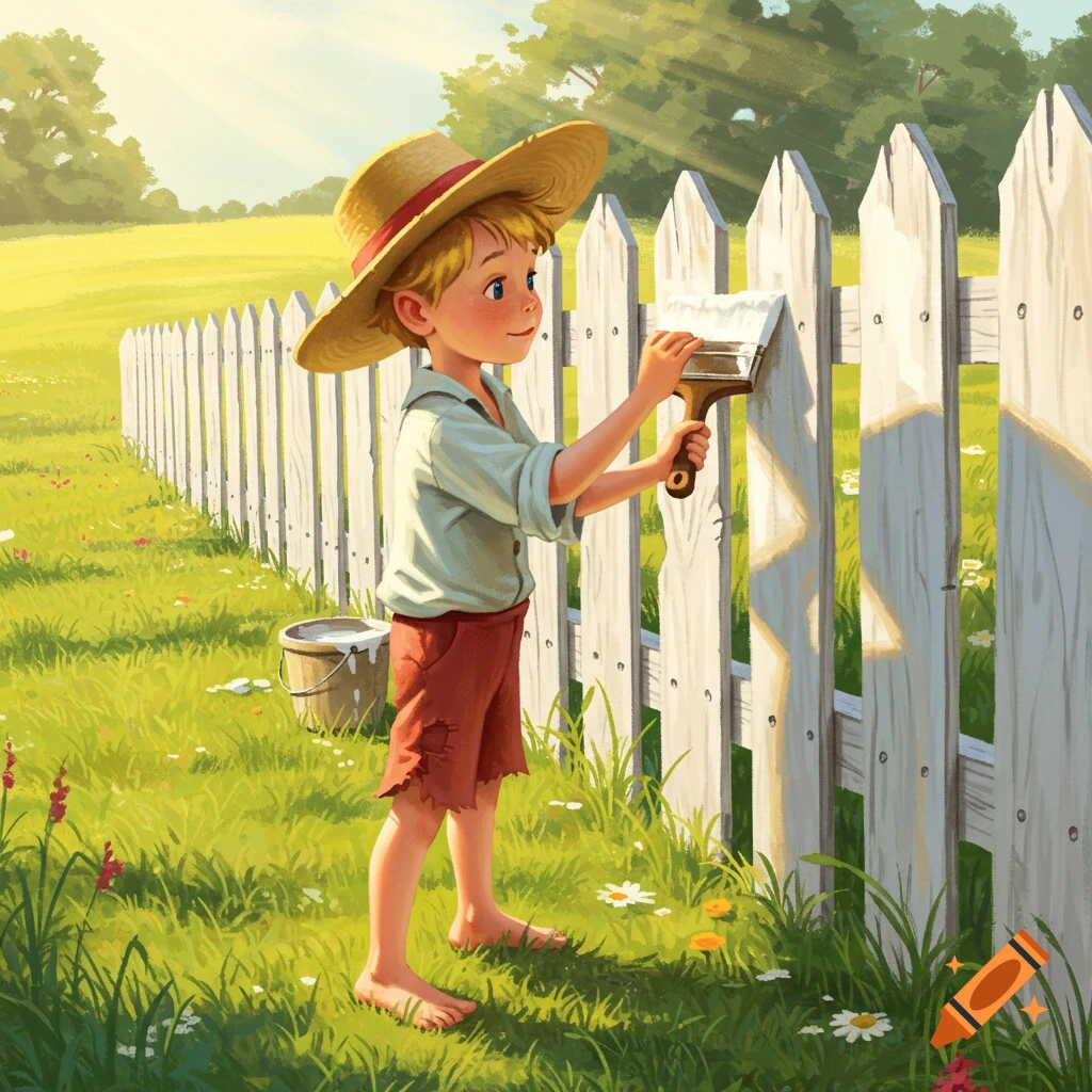 A cartoonish boy in a straw hat and ripped shorts paints a white picket fence on a sunny grassy day.