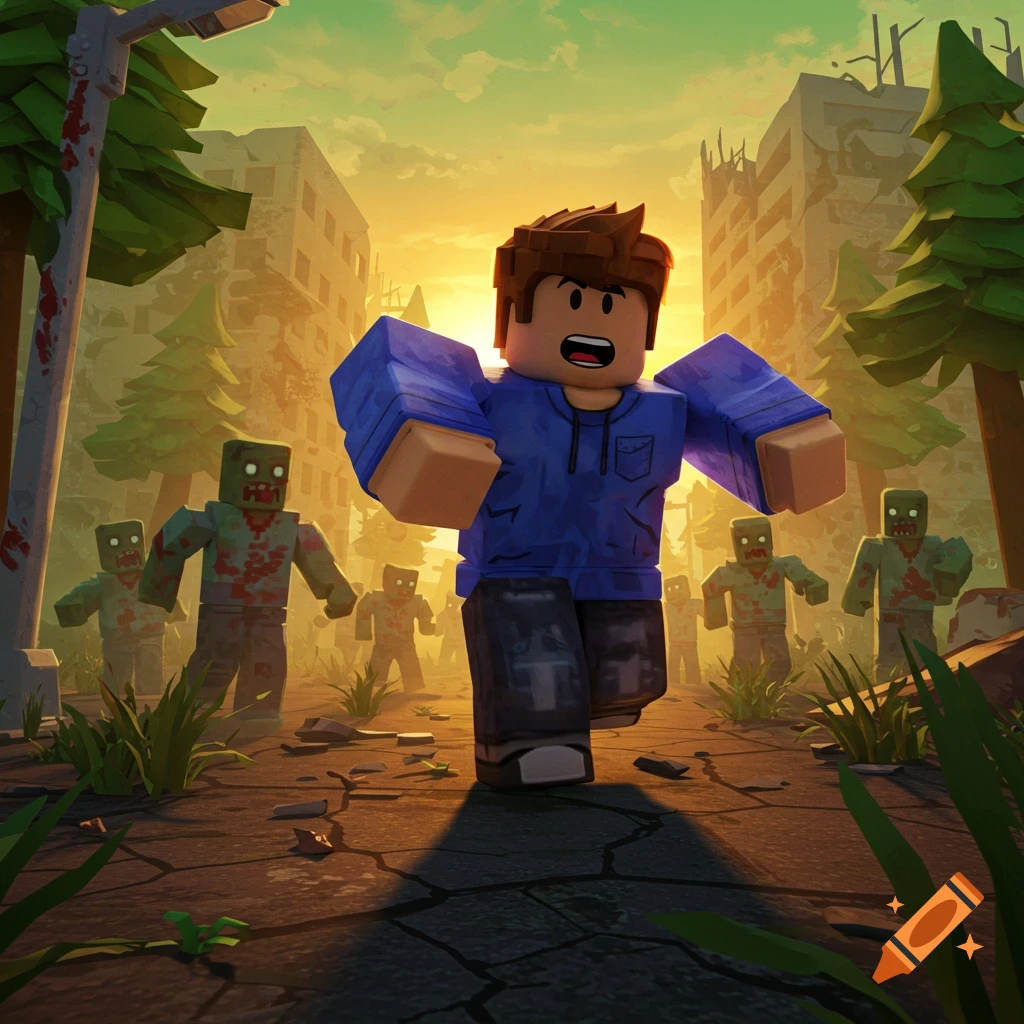 A blocky Roblox character in a blue hoodie runs from stylized zombies in a destroyed city at sunset.