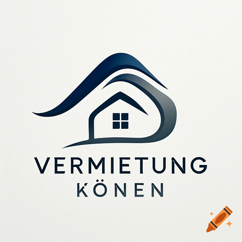Modern logo with a house outline under a blue and gray wavy roof, text 'VERMIETUNG KÖNEN'.