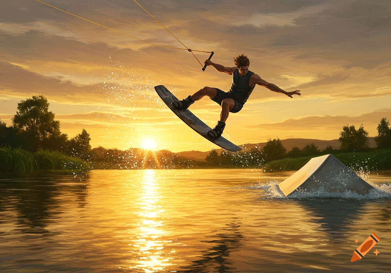 A wakeboarder mid-air, jumping over a ramp on a shimmering golden lake at sunset, in an illustrative painting style.