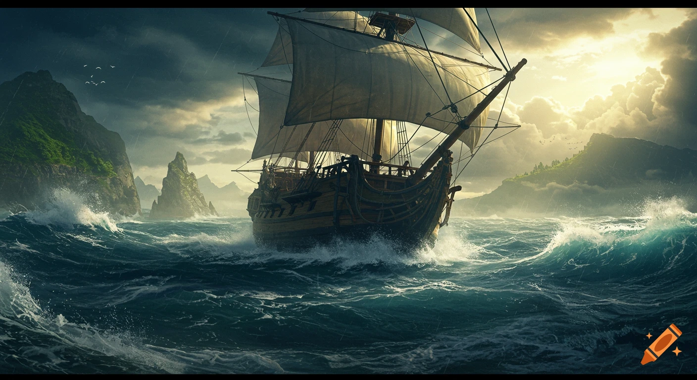 A photorealistic wooden ship sails through wild winds and rough waves on a stormy ocean, with islands in the distance under dramatic skies.