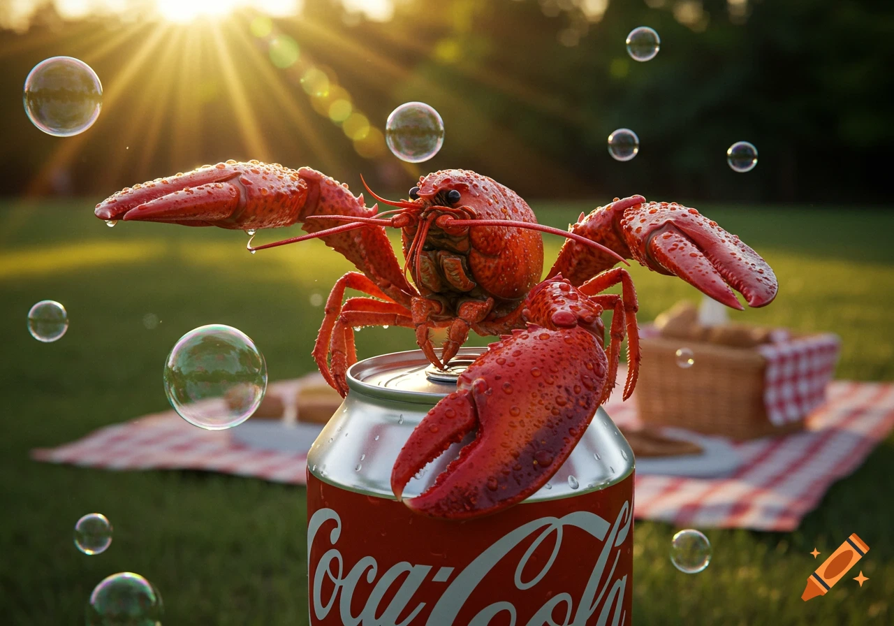 A photorealistic image of a red lobster sitting on a Coca-Cola can at a sunny outdoor picnic with bubbles floating around.