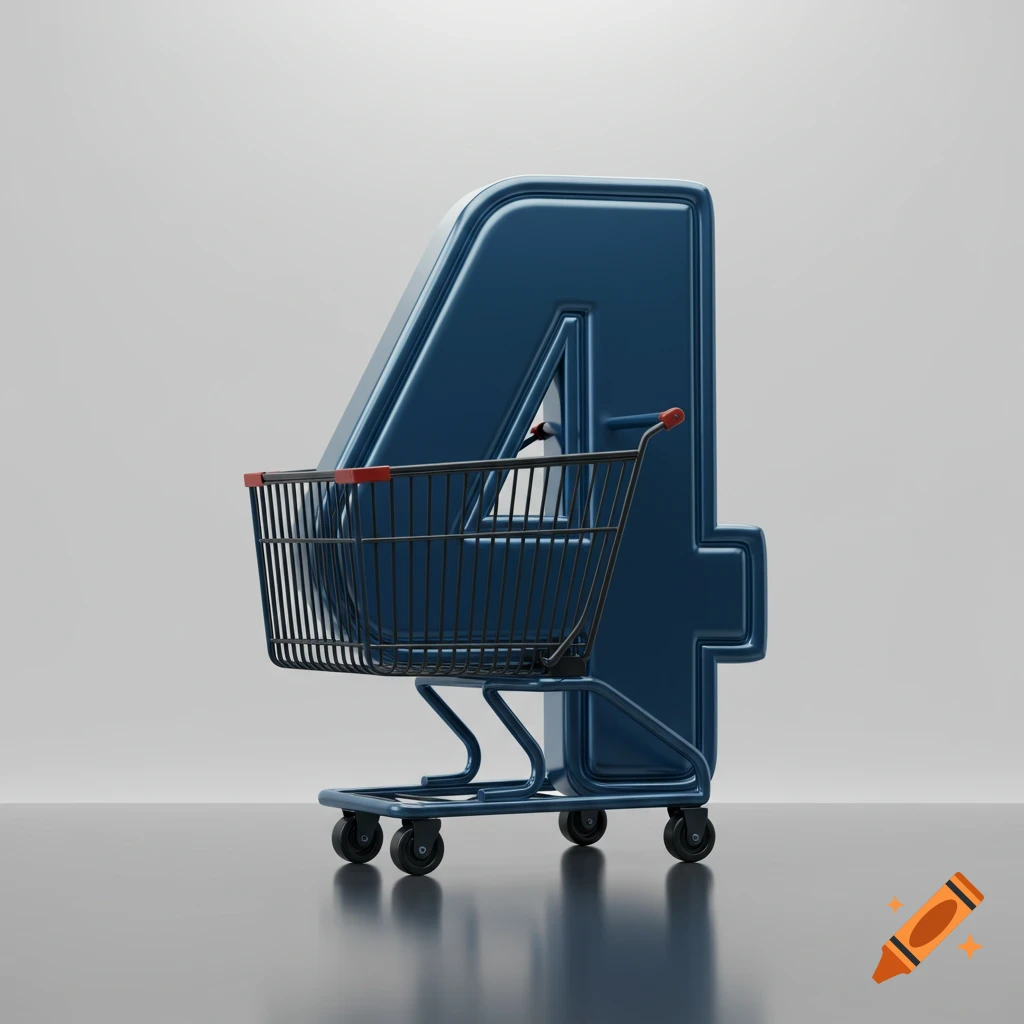 A blue, glossy number 4 shaped like a shopping cart, standing on a reflective surface.