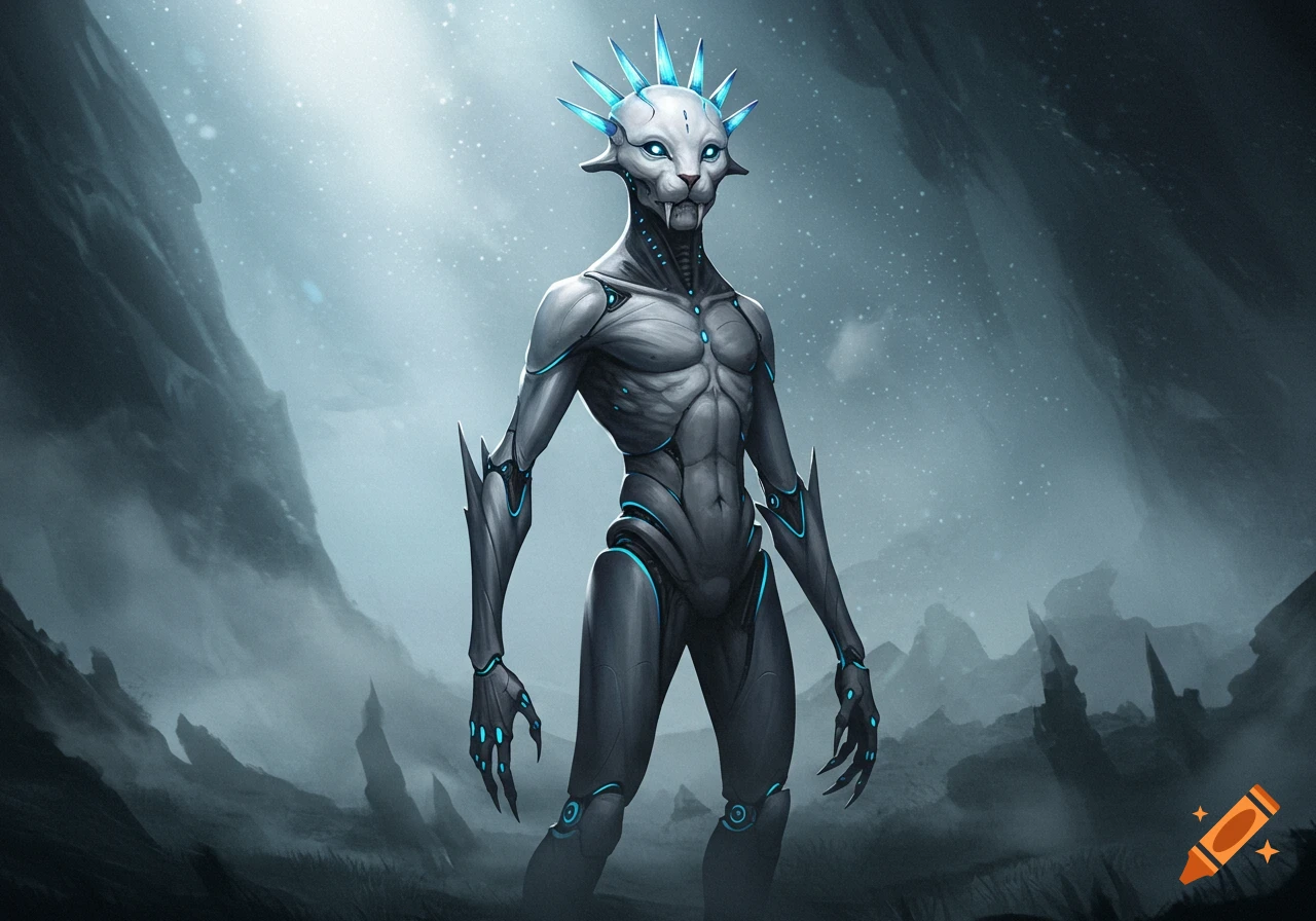 A lean, grey humanoid alien cat with head spikes and glowing blue segmented limbs stands in a misty, rocky landscape.