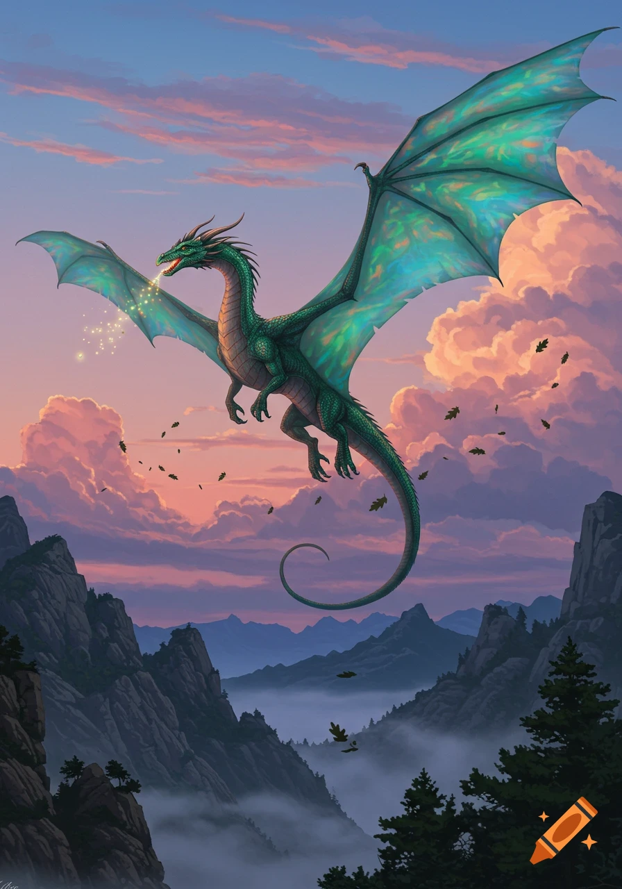 A green dragon with iridescent wings flies over misty mountains at ...