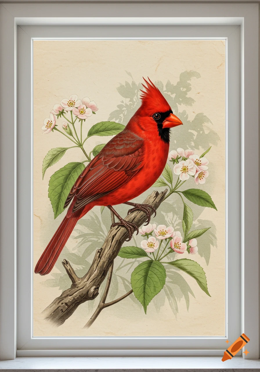 A vibrant red cardinal perched on a gnarled branch with pink and white flowers, in a vintage botanical illustration style, framed by a modern window.