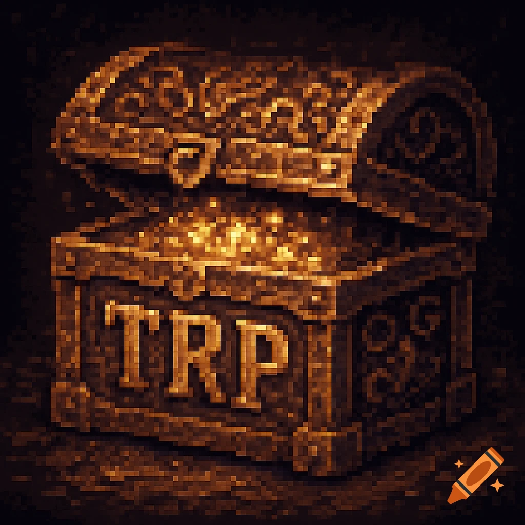 A golden pixel art treasure chest filled with glowing gold coins, with the letters TRP on its front.