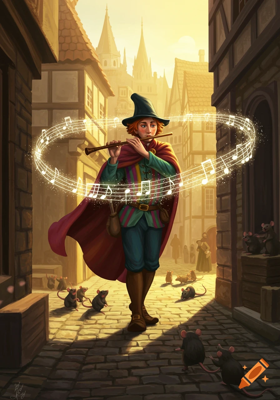 A fantasy character, similar to the Pied Piper, plays a flute in a medieval alley, surrounded by rats and glowing musical notes.