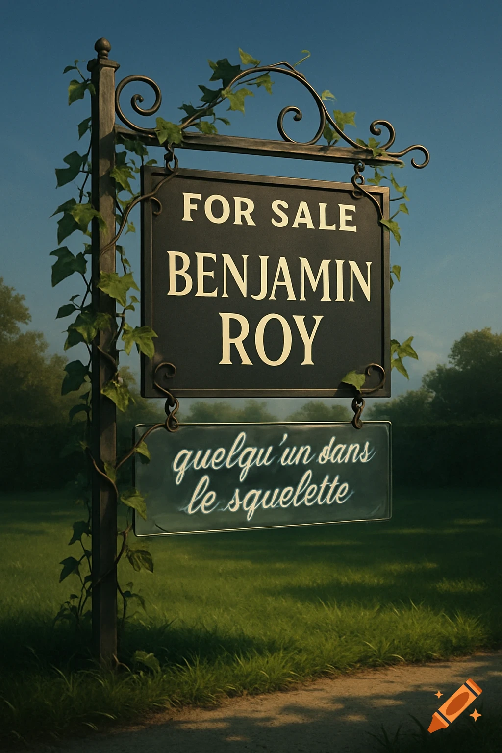 A metal 'For Sale' sign with 'Benjamin Roy' and 'quelqu'un dans le squelette' in French, wrapped in ivy, stands in a grassy field.