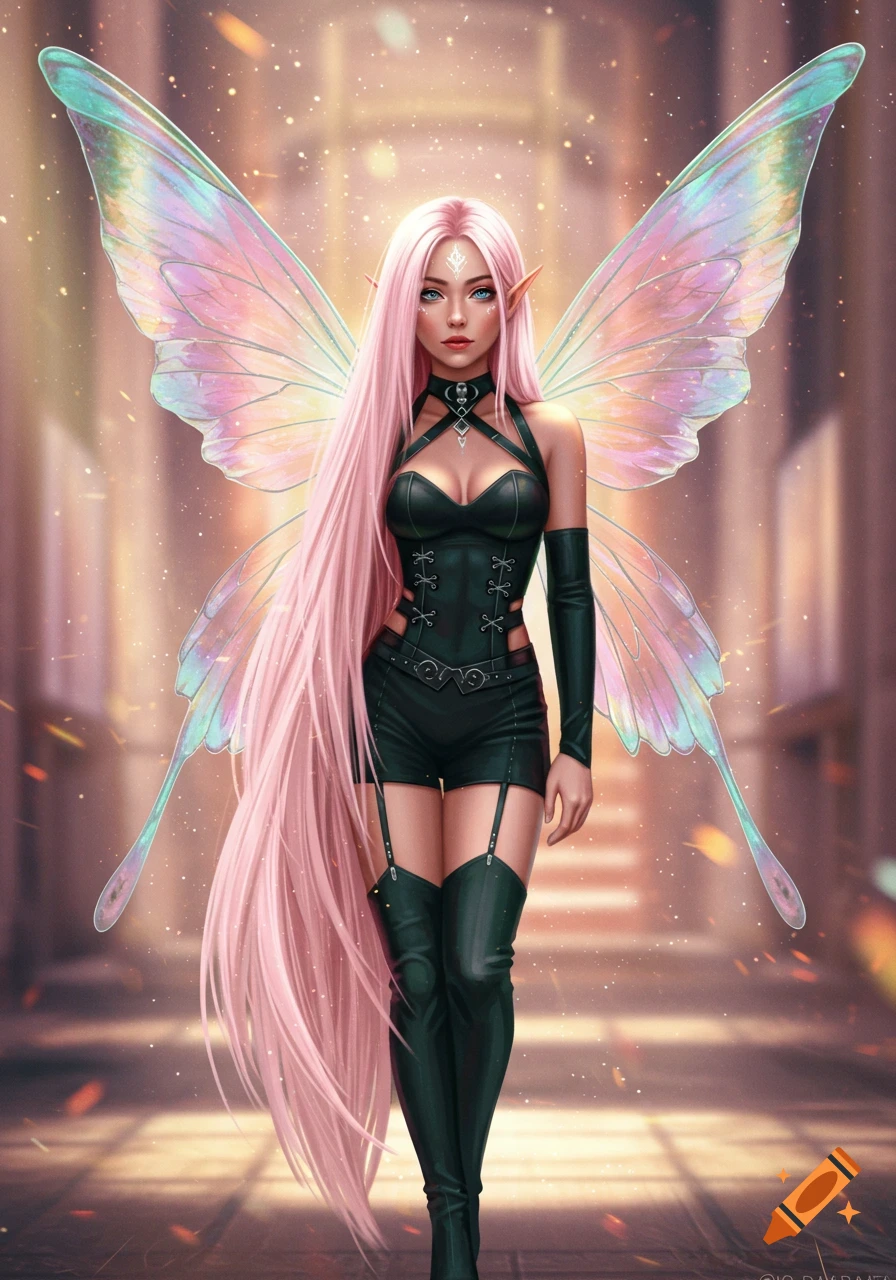 A stunning fantasy woman with long pink hair, blue eyes, and large iridescent fairy wings, wearing a black corset, shorts, and thigh-high boots, standing in a luminous hallway.