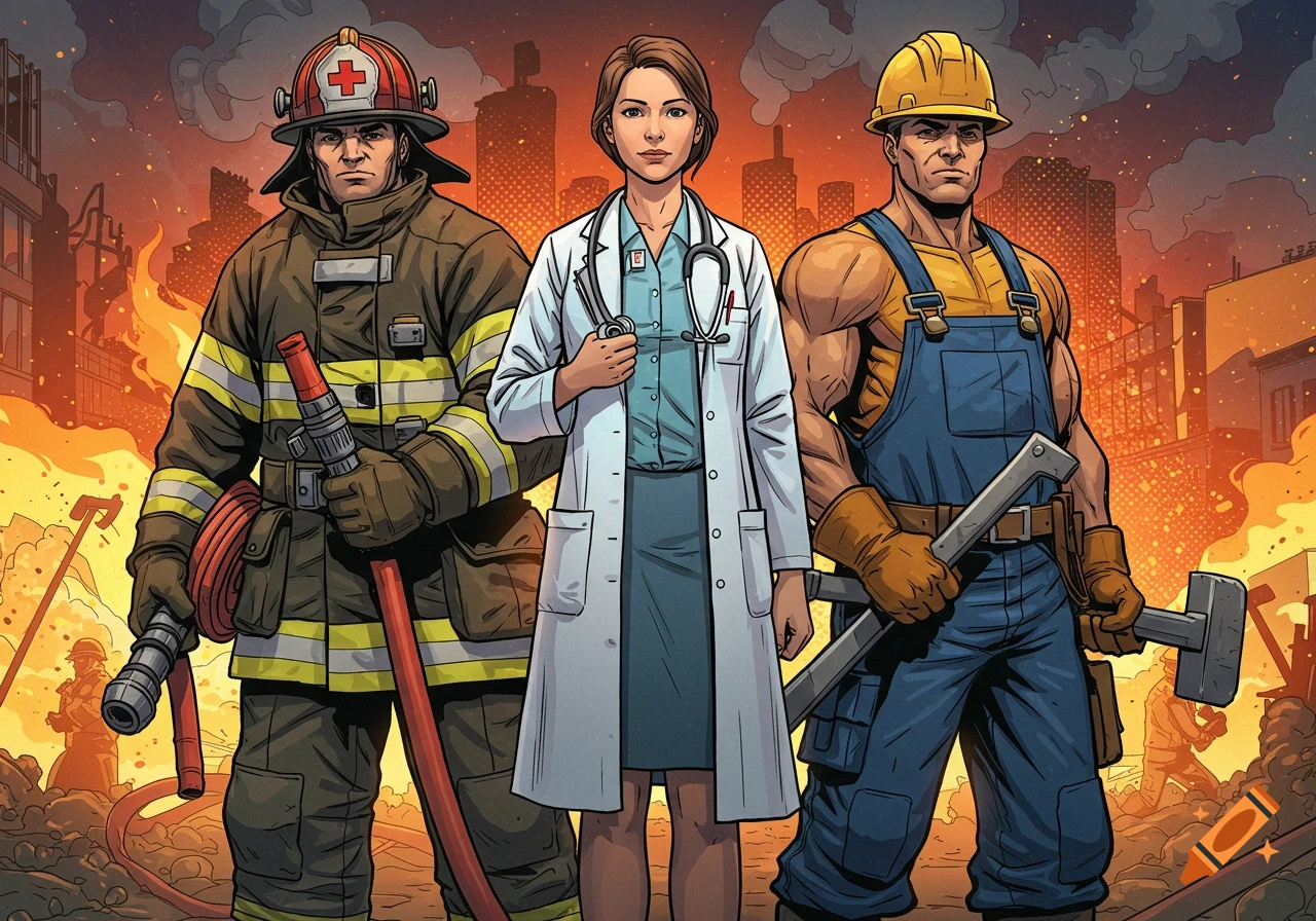 A comic-style illustration shows a firefighter, a female doctor, and a construction worker, looking heroic against a burning city backdrop.