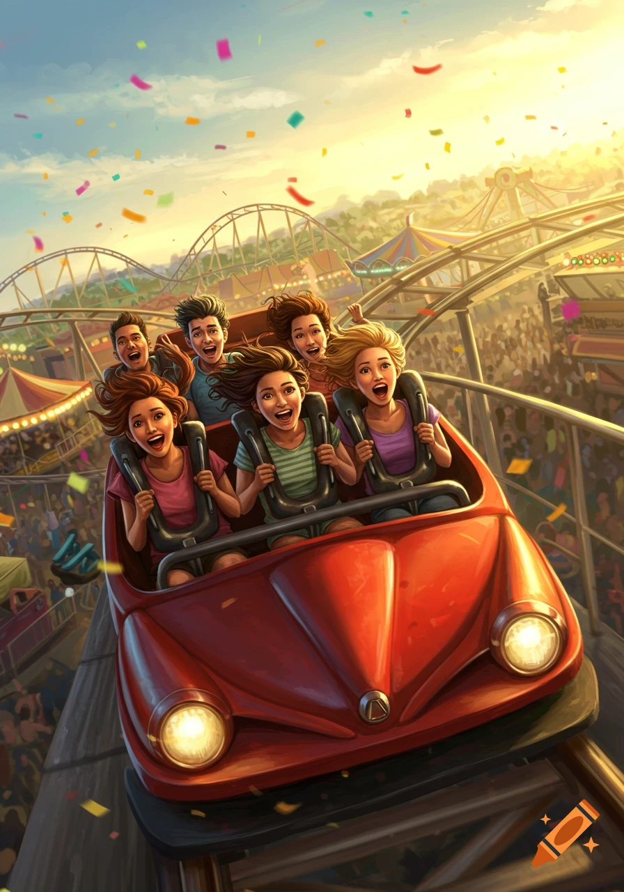 Vibrant illustration of six friends screaming excitedly on a red rollercoaster car, with confetti falling over a busy amusement park at sunset.