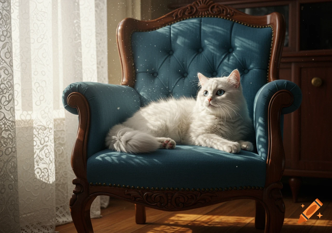 A fluffy white cat with blue eyes lies comfortably on a plush blue armchair by a window, bathed in sunlight.