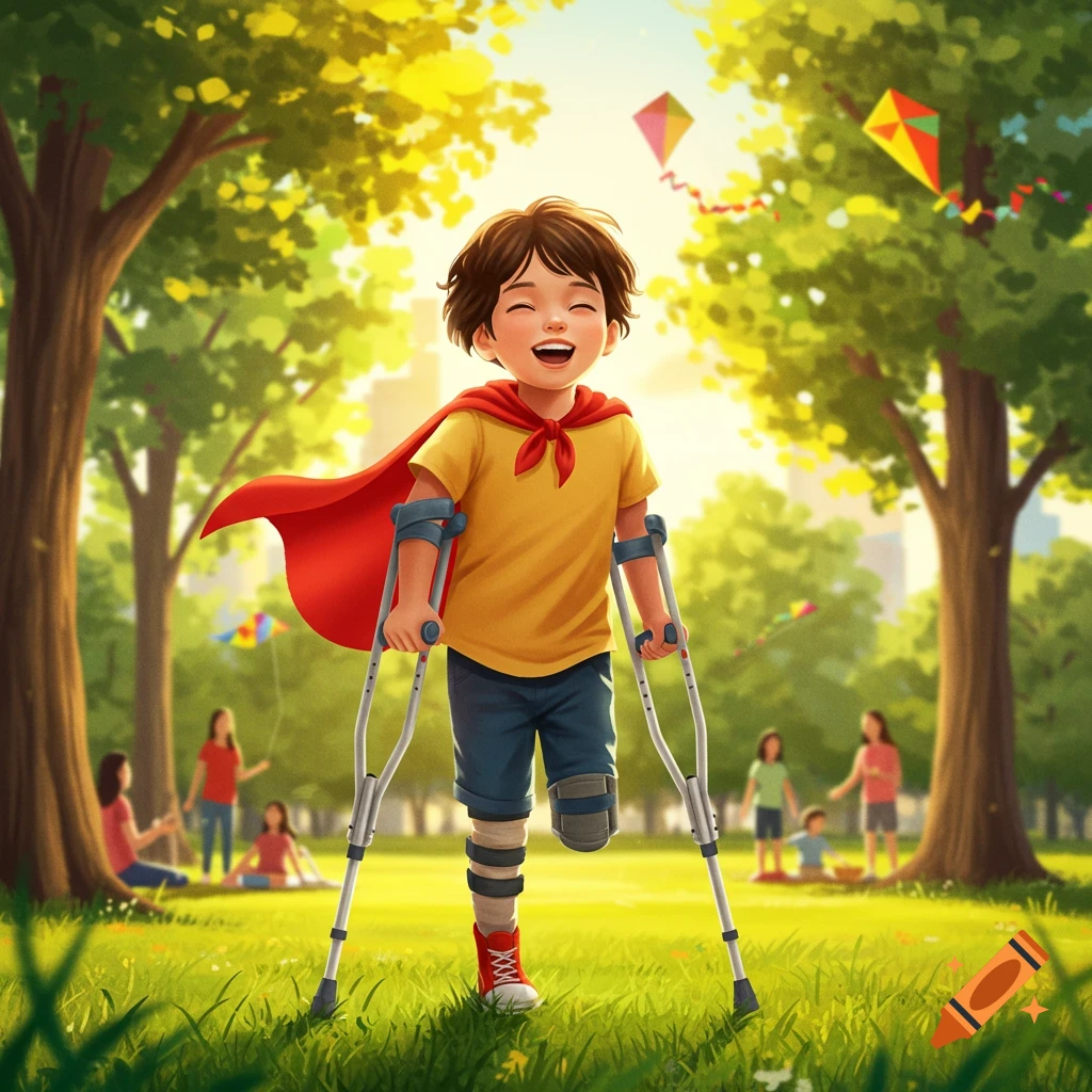Happy cartoon boy with a red cape, crutches, and a prosthetic leg walking in a sunny park with other children.
