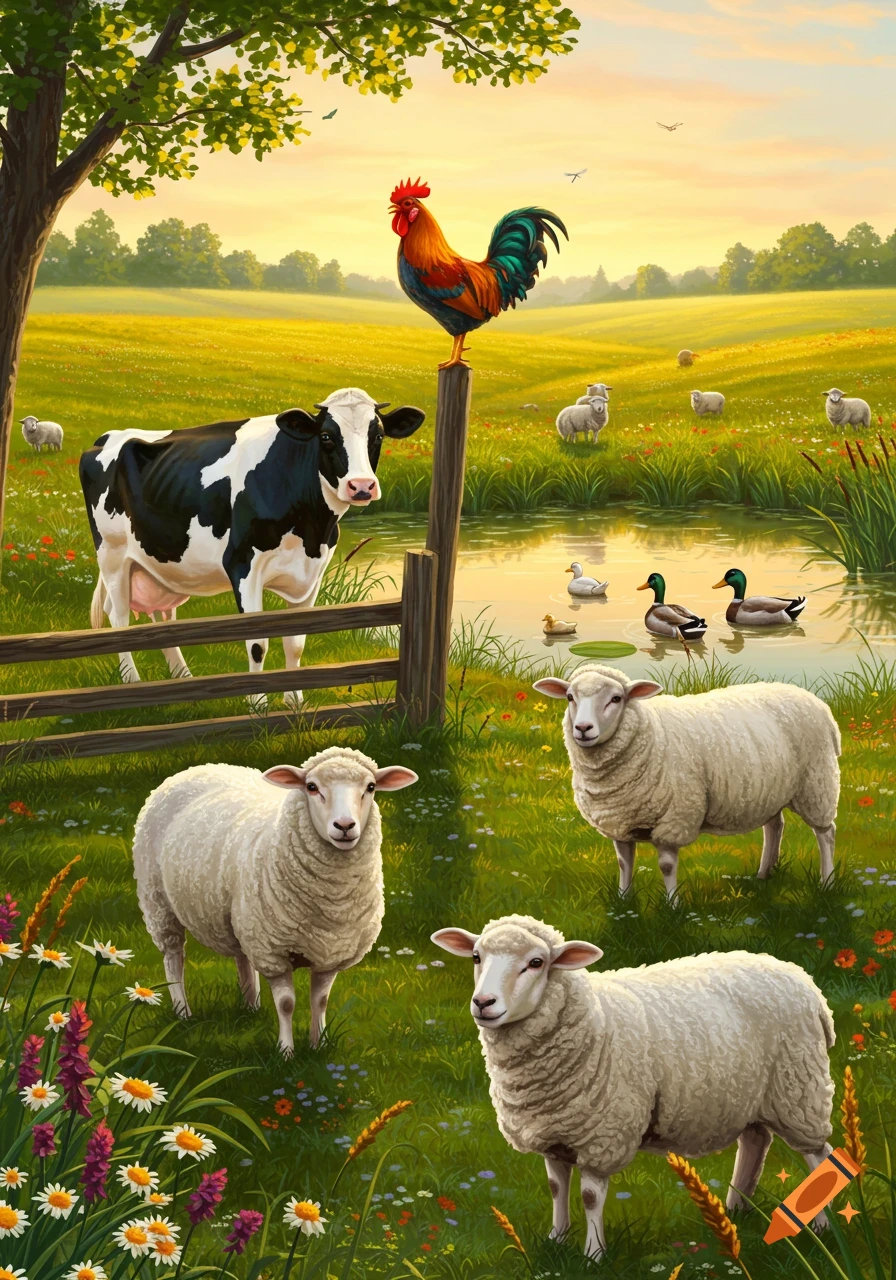 A vibrant farm scene illustration with a cow, rooster on a fence, three sheep, and ducks on a pond in a golden field at sunrise.