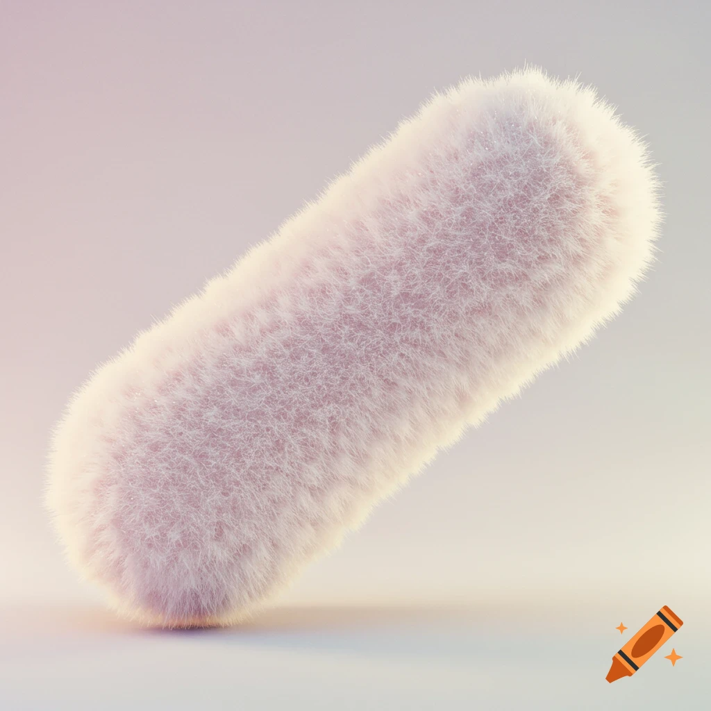 A fluffy, pink, cylindrical object with dense, soft faux fur texture, tilted on a light background.