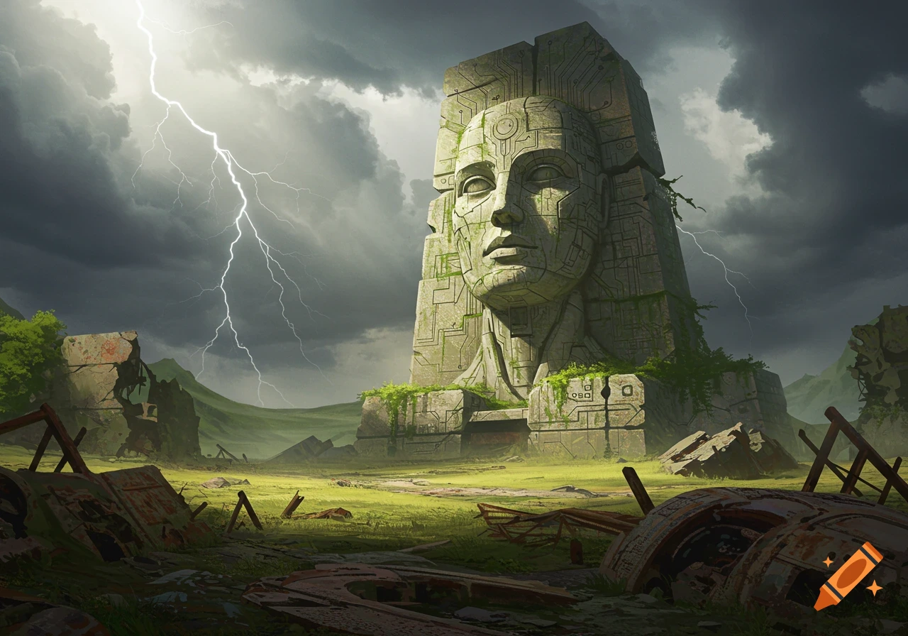 A giant, weathered stone head with circuit patterns in a ruined, grassy field under a dark, lightning-streaked sky.