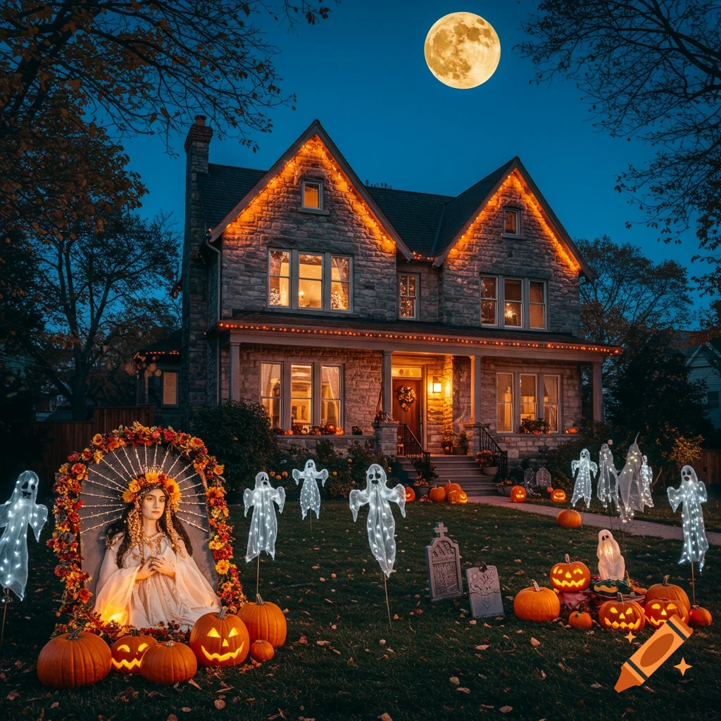 A large stone house decorated with orange Halloween lights and stringed glowing ghosts under a full moon. Pumpkins and a goddess statue adorn the lawn.