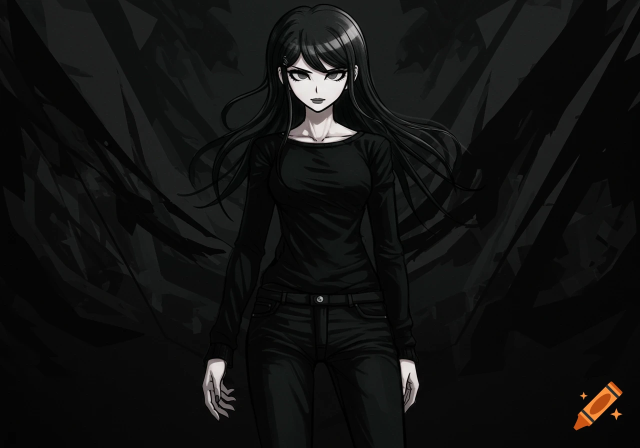 An anime girl with black hair, pale skin, a black sweater, and black jeans, in a Danganronpa style with a dark background.