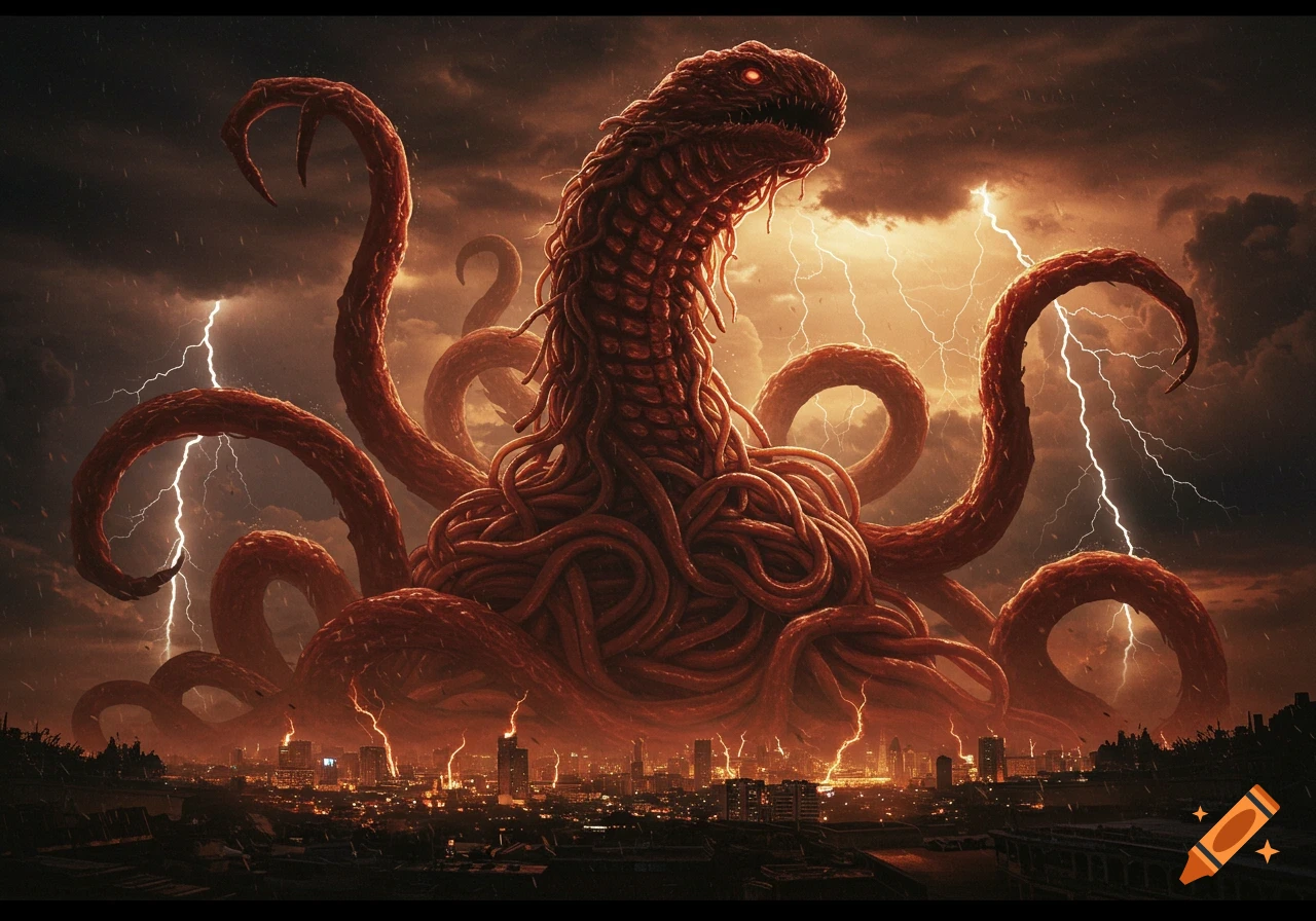 A giant red, tentacled monster with glowing eyes looms over a city under a stormy, lightning-filled sky.