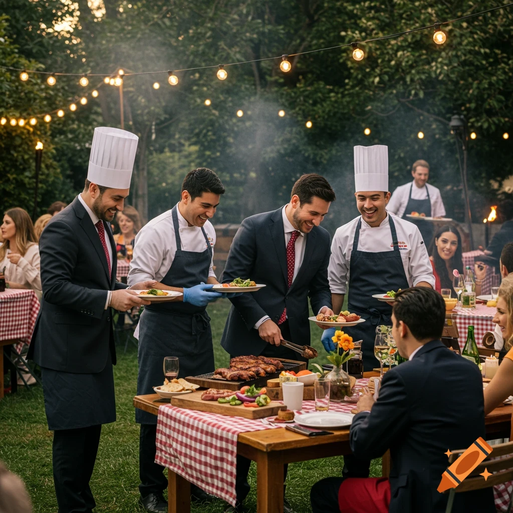 Professional chefs in suits and aprons serve grilled food to smiling guests at an outdoor barbecue event with string lights at dusk.