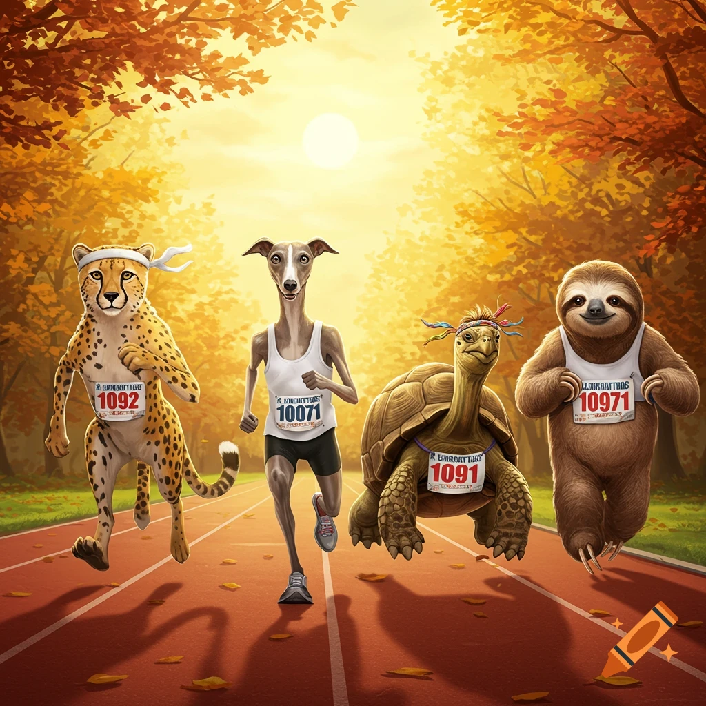 A cheetah, greyhound, tortoise, and sloth race on a track, wearing bibs and headbands, against an autumn backdrop.